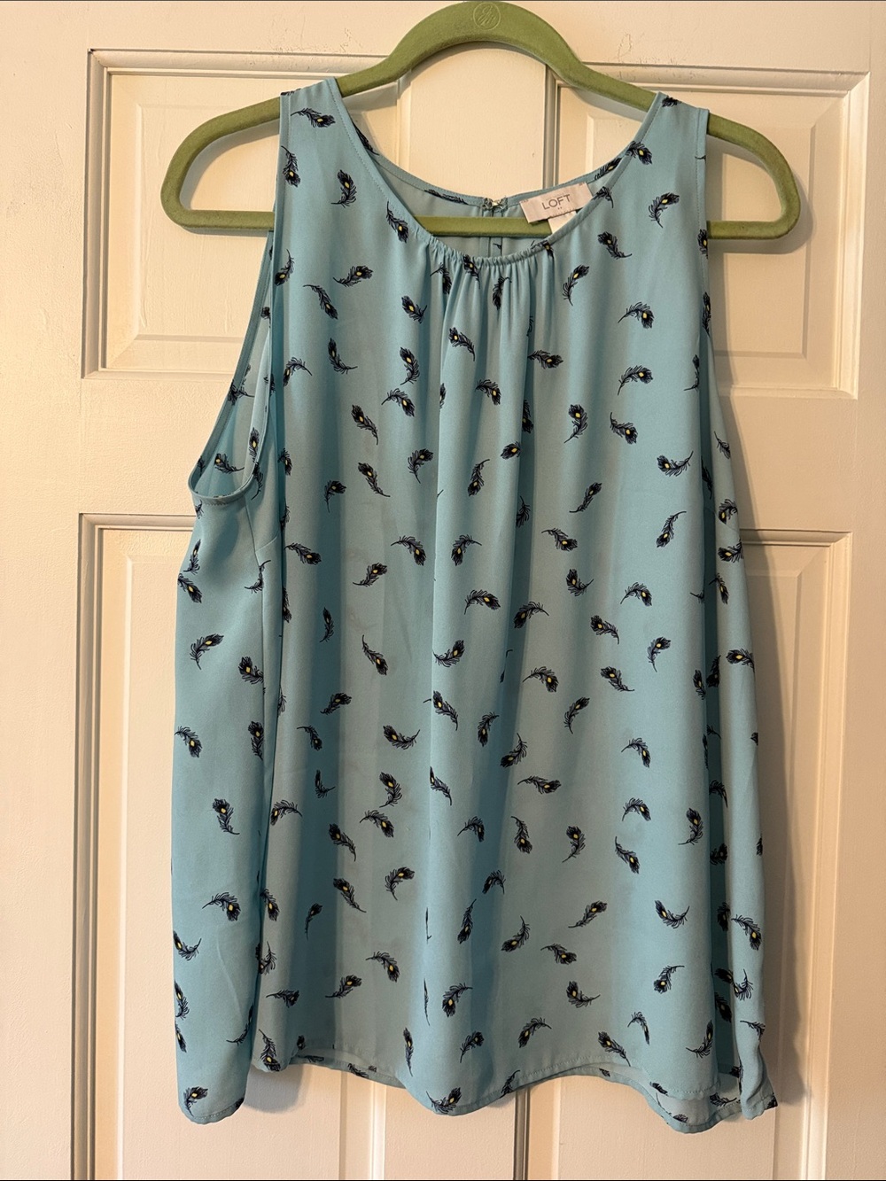 LOFT Light Blue Sleeveless Camisole with Navy Feather Print